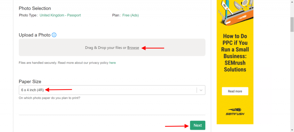 Uploading photos to make passport photo
